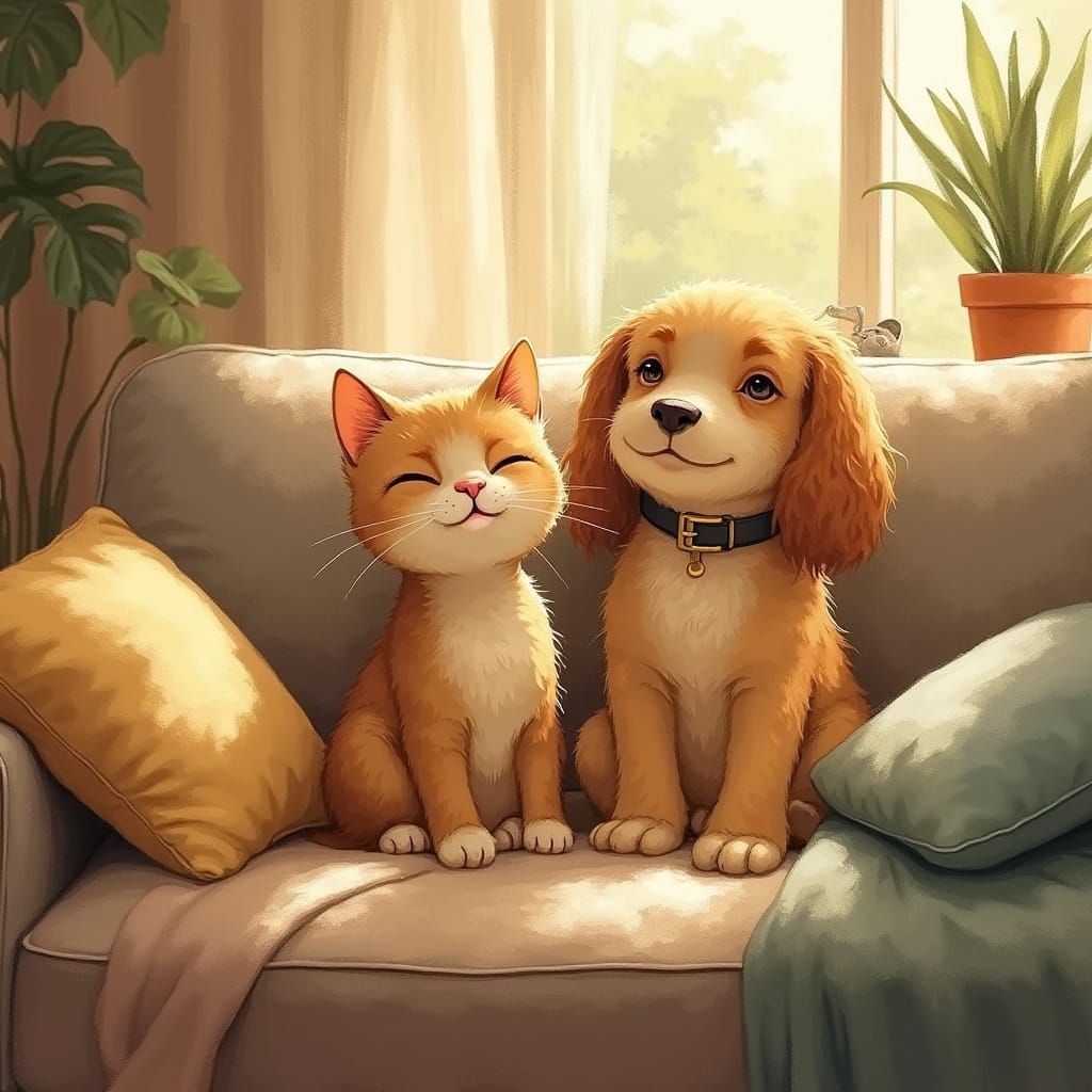 Cozy Friends on a Whimsical Couch