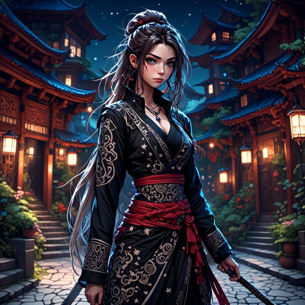 Whimsical Punk Ninja in Temple Courtyard