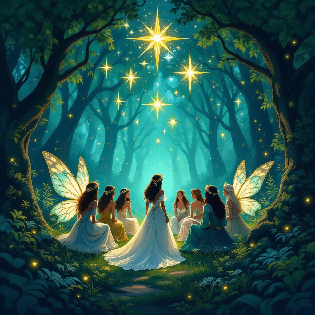 Fae Queen and Court in Mystical Forest with Golden Stars