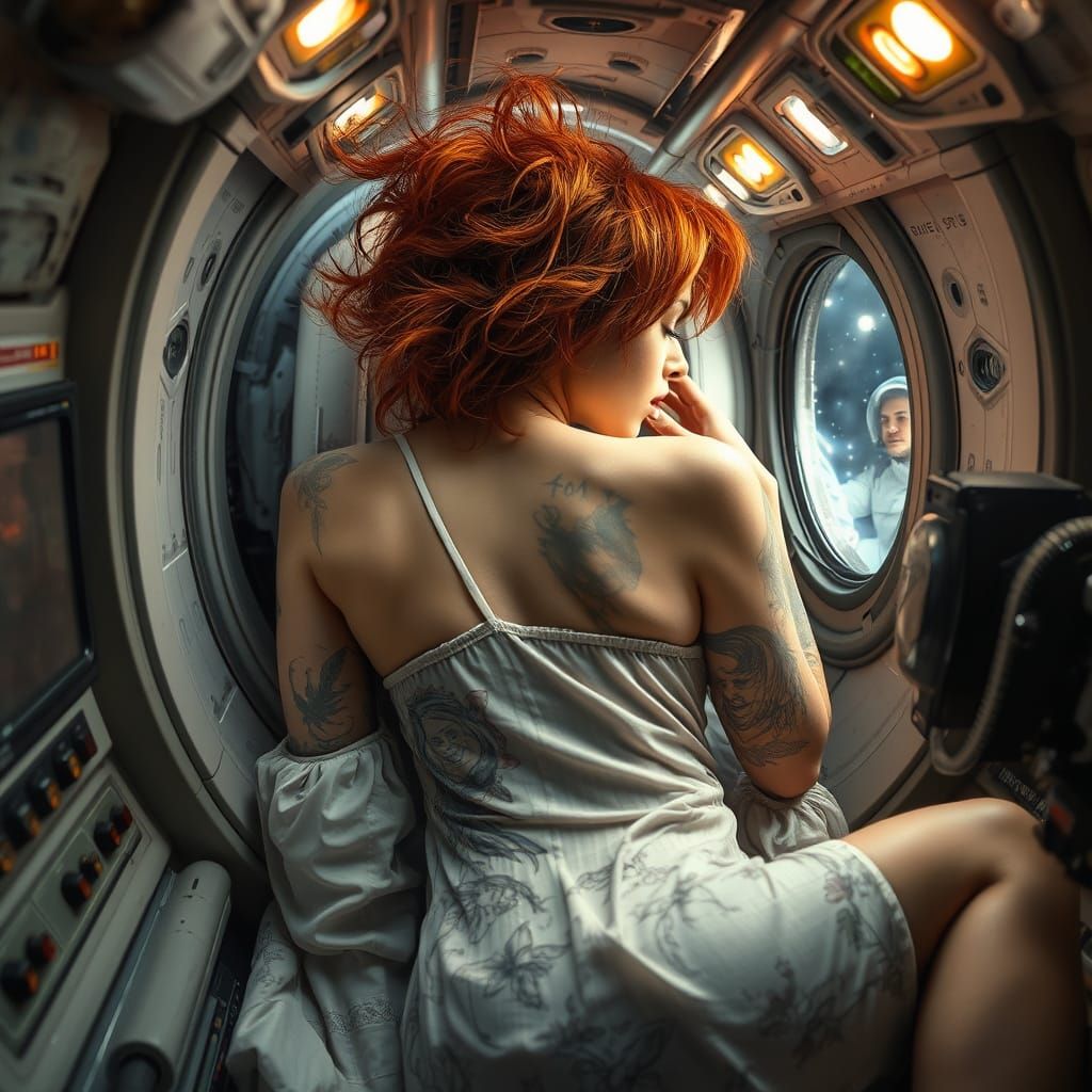 Woman Levitating in Spaceship with Occultic Tattoos