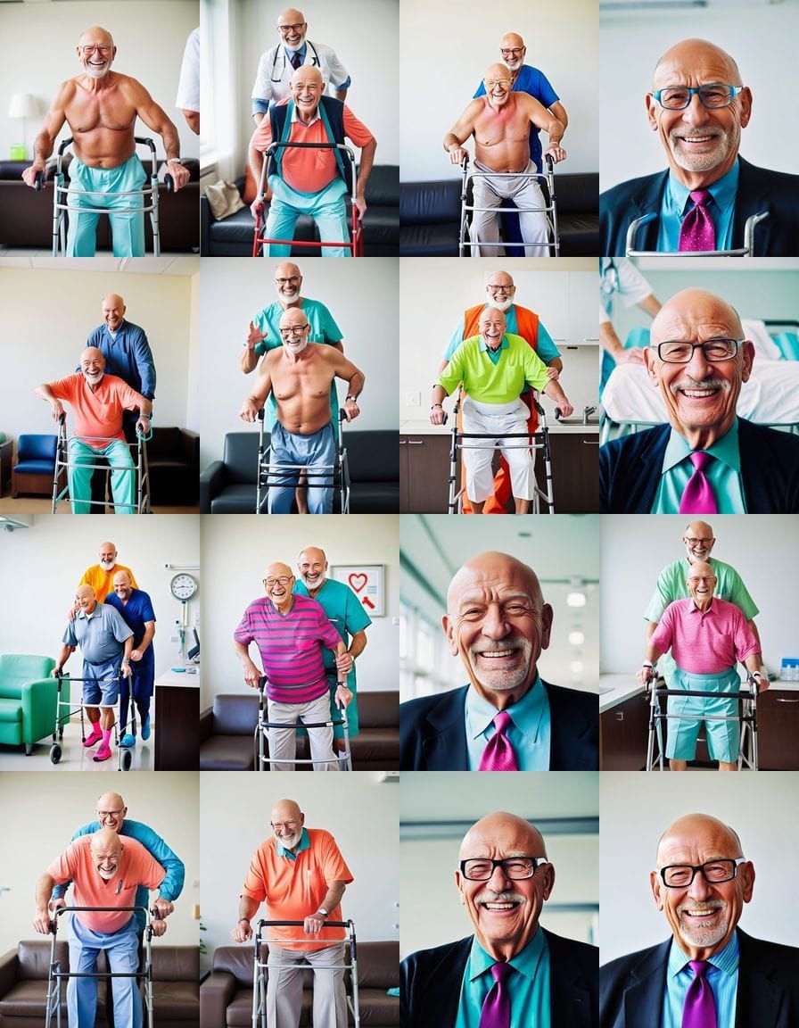 Cheerful Elder Man Recovers with Help in Bright Hospital