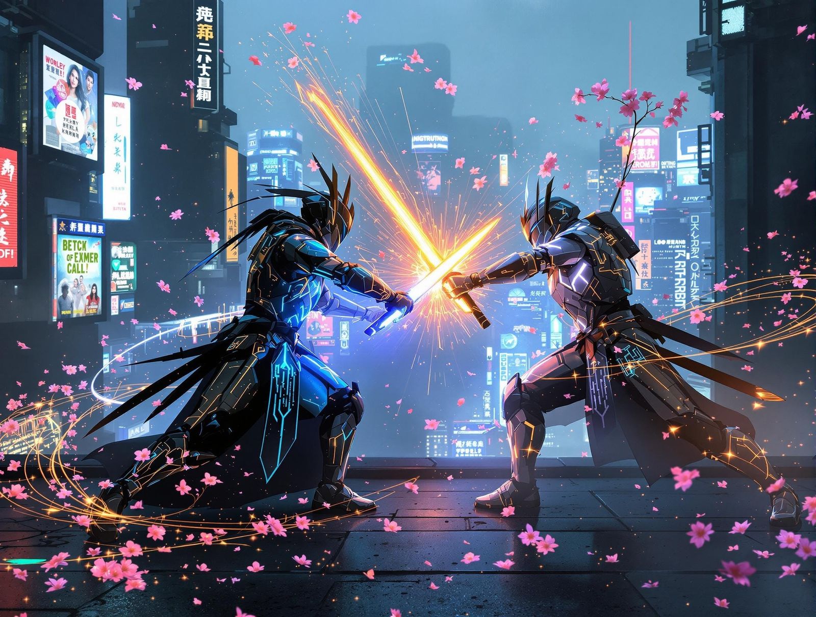 CyberSamurai Showdown in Neon-Lit Cyberpunk City