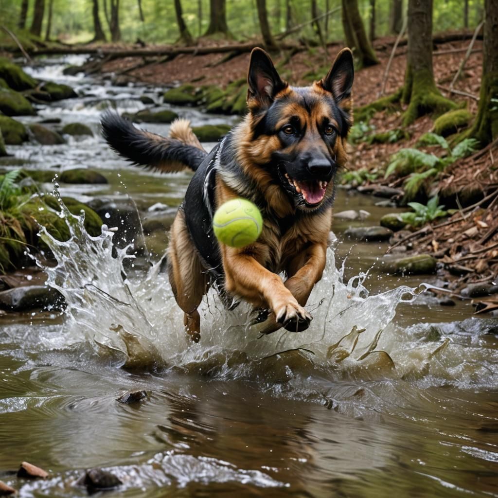 German Shepard Dog Fetching Ball: Macro Shot