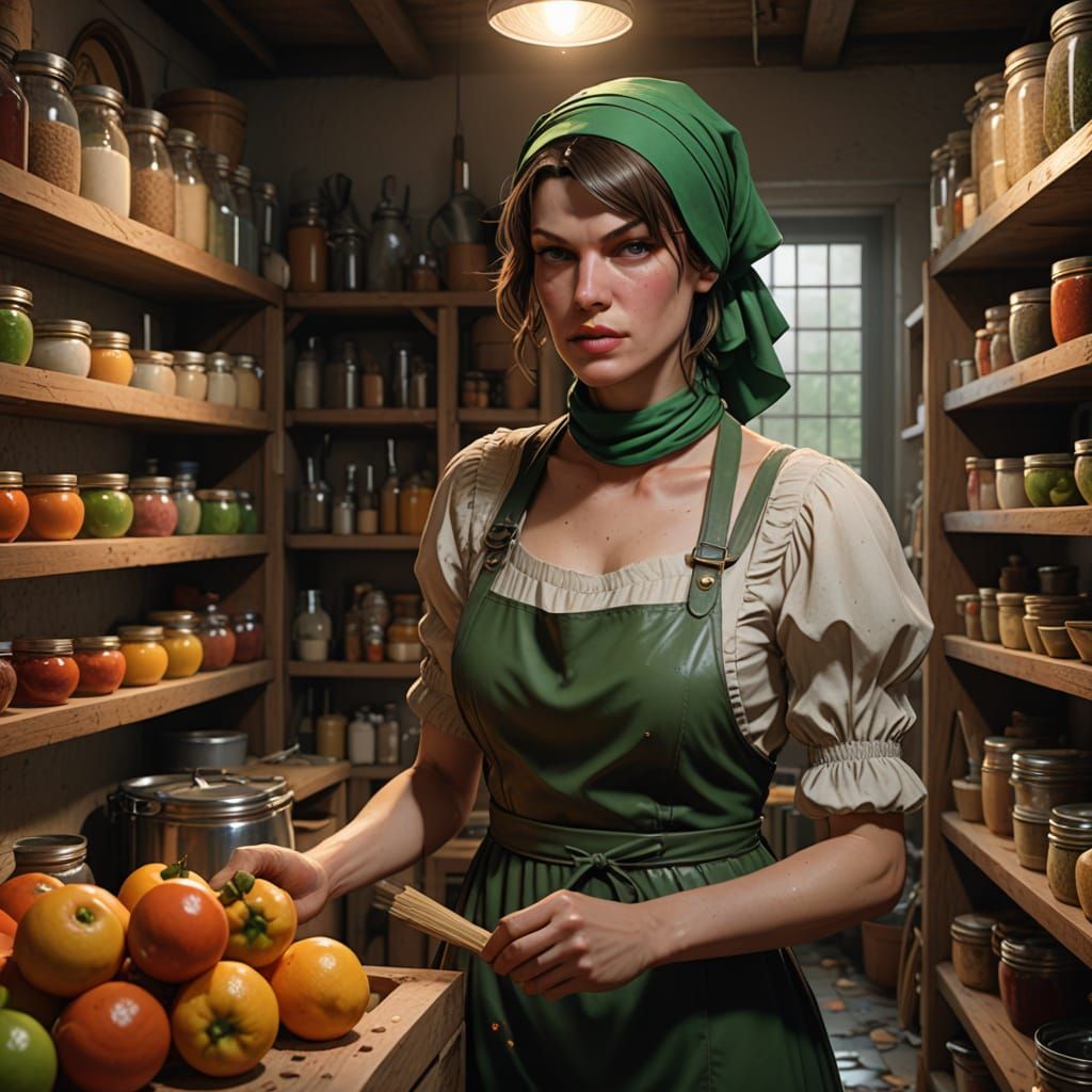 Young Milla Jovovich as a Weary Charwoman in a Pantry