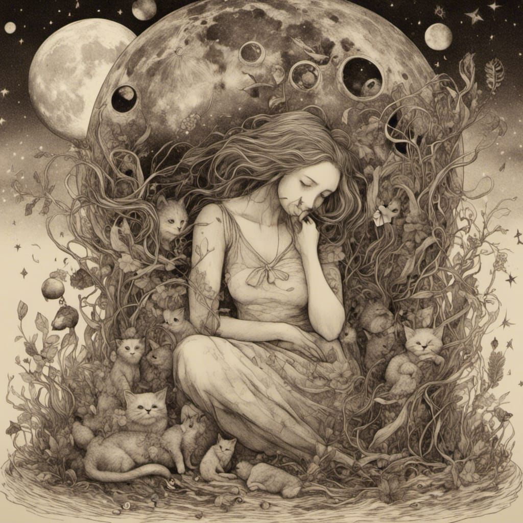 <lora:SurDime:1.0> surreal drawing of a natural woman weight:3 and her cat