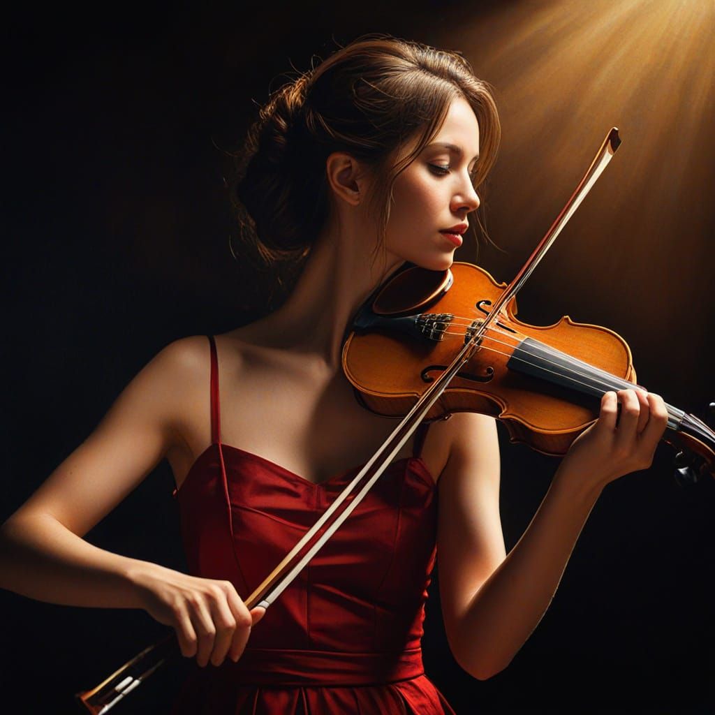Woman in Red Dress Playing Violin as Oil Painting