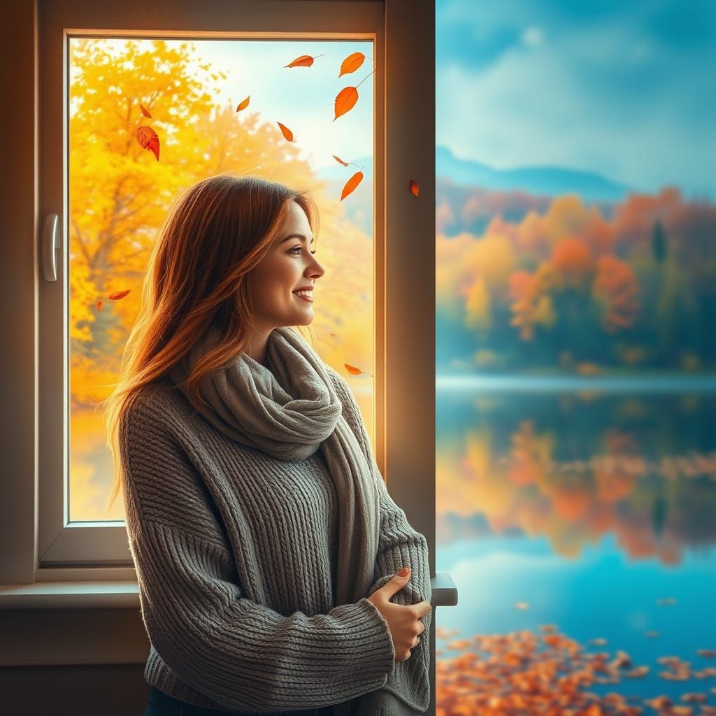 Woman Gazing at Autumn Landscape in Sfumato Watercolor Style