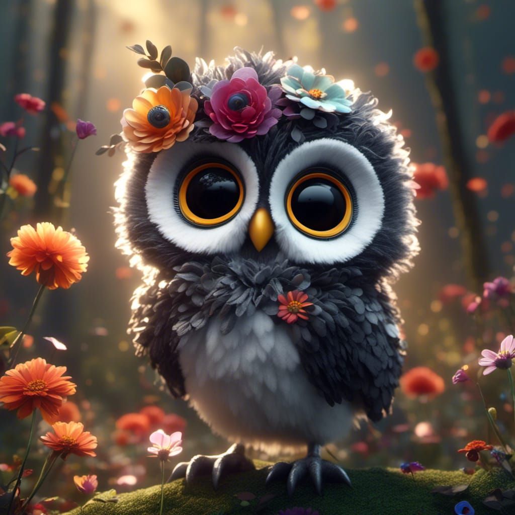 Mystic Baby Owl in Floral Forest: 3D Digital Art