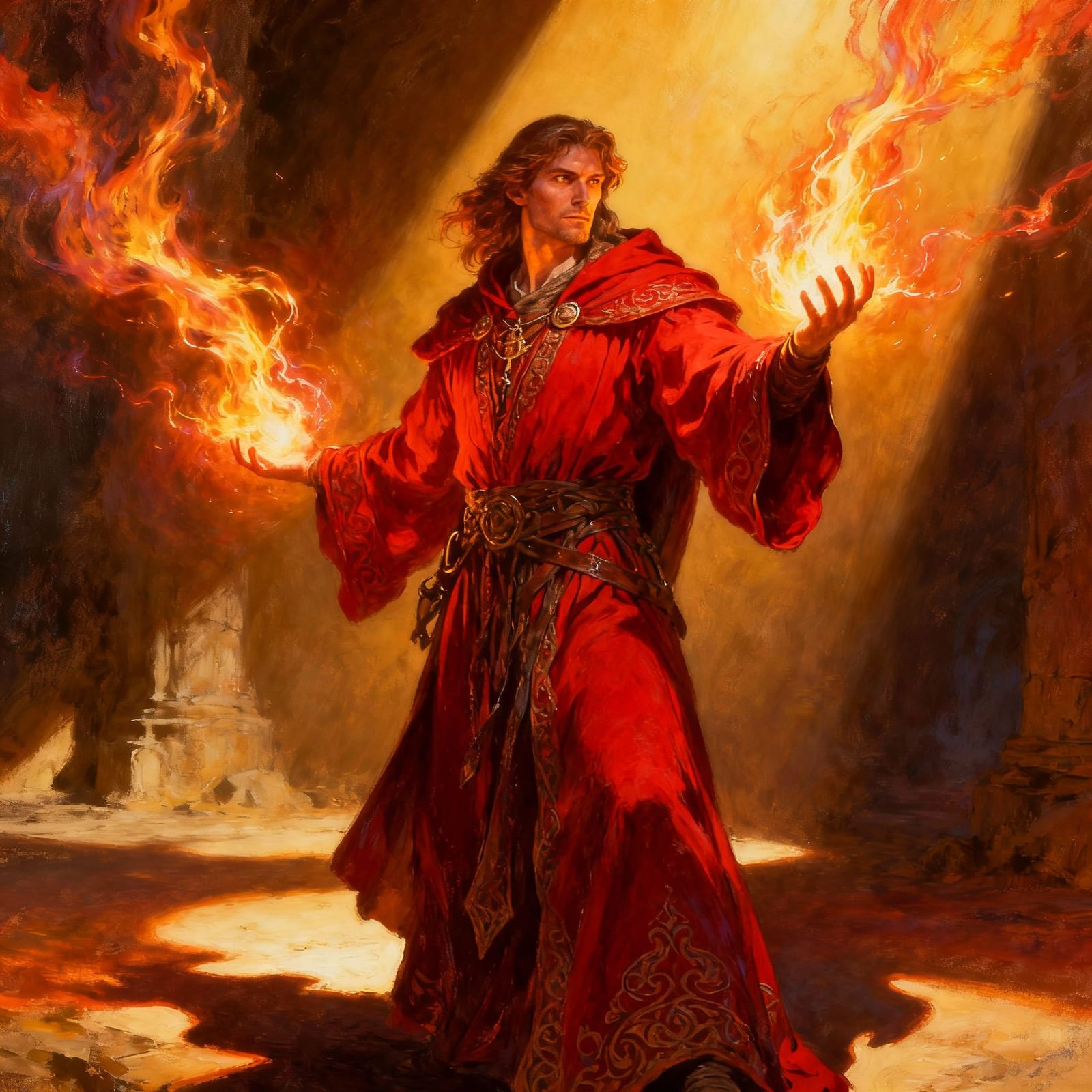 Human Sorcerer Wielding Fire Magic in Red Robe