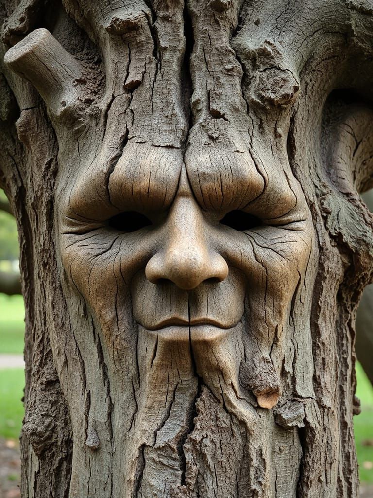 Ancient Oak Tree Trunk with Serene Visage