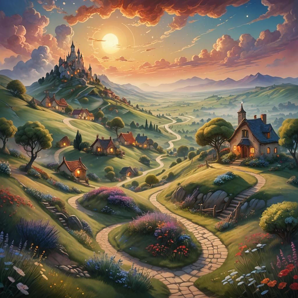 Dreamlike Village at Sunset in Surrealist Style