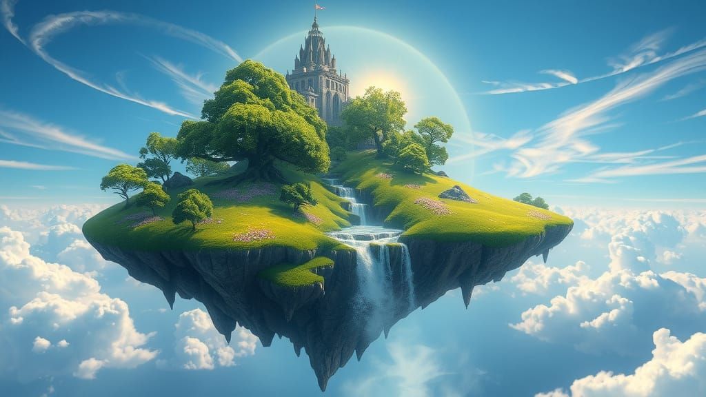 Floating Emerald Isle in a Dreamy, Cerulean Sky