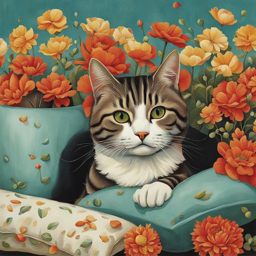 Cute Cat Surrounded by Flowers and Heart Lights