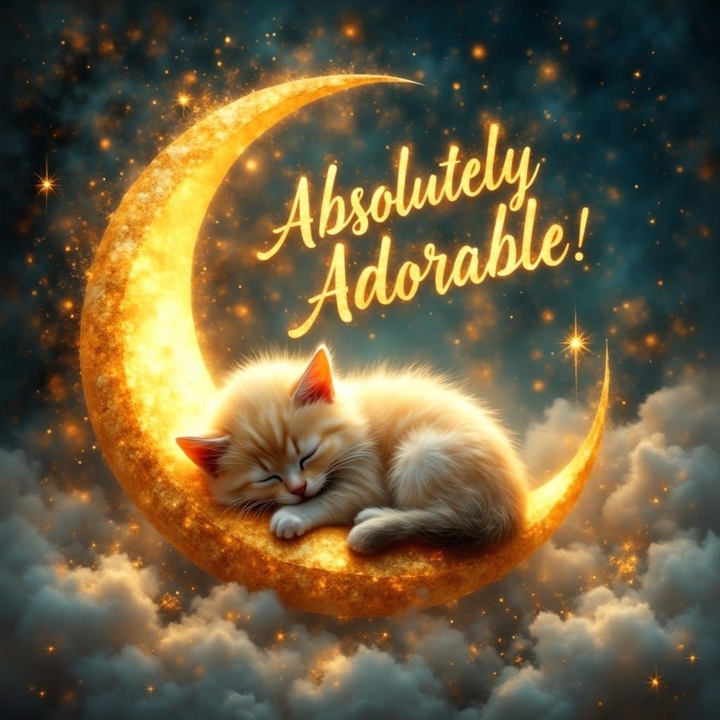 Whimsical Kitten on Golden Crescent Moon