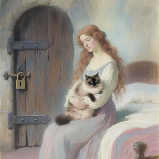 Feminine Woman Holding Cat in Medieval Bedroom