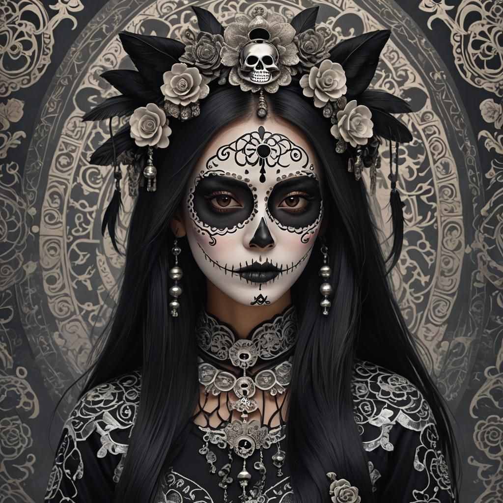 Chinese Woman as Catrina in Folk Art Style