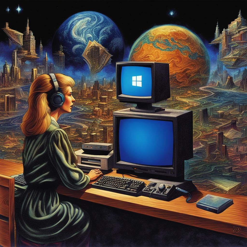 Woman with Vintage Microsoft PC in 1980s Photo