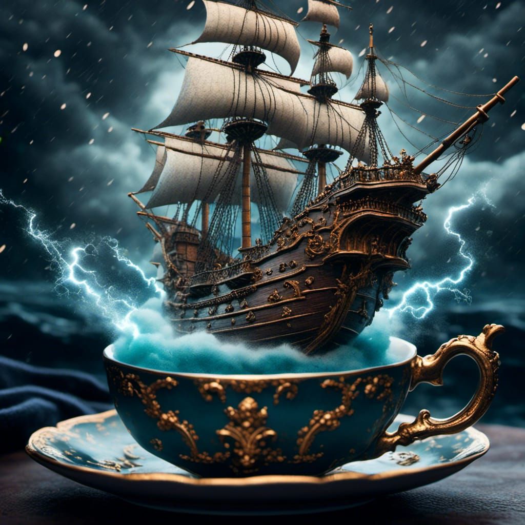 Galleon in Teacup Amidst Stormy Lightning