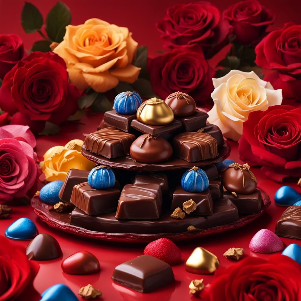 Handmade Chocolates on Roses in Hyperrealistic Splash Art