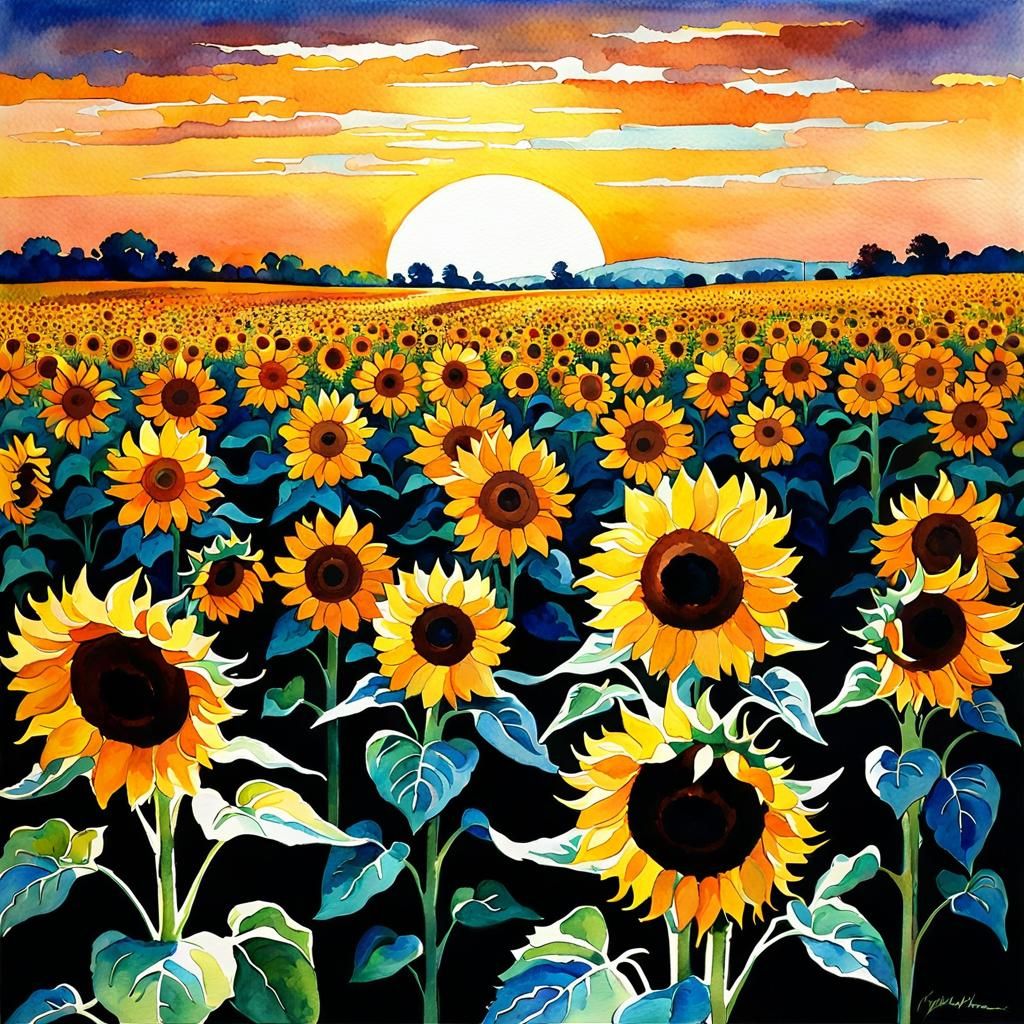 Sunflower Field at Sunset: Post-Impressionistic Watercolor