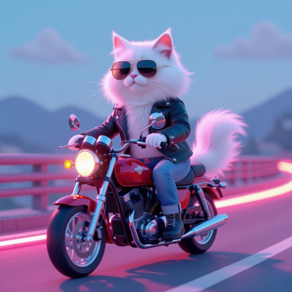 Cat in Leather Jacket on Neon Highway