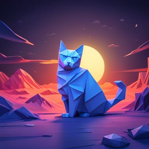 Intricate Origami Cat Sculpture in Detailed Matte Painting