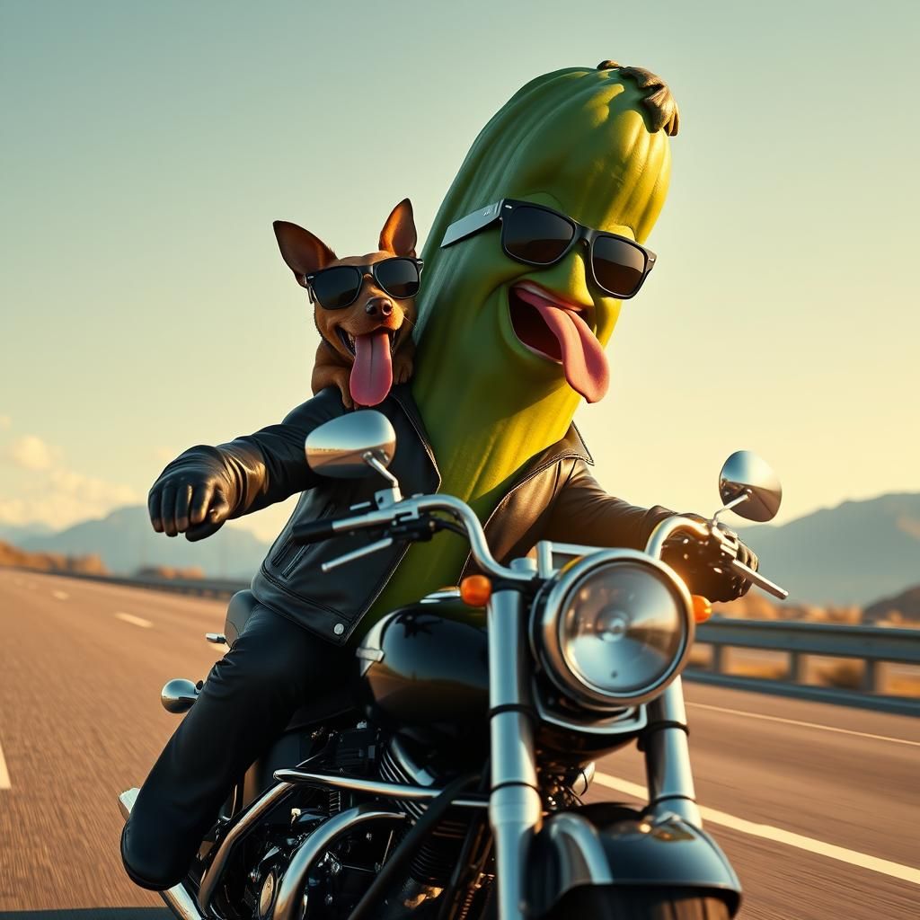 Pickle Rides Harley with Dachshund, Photorealistic 3D Art