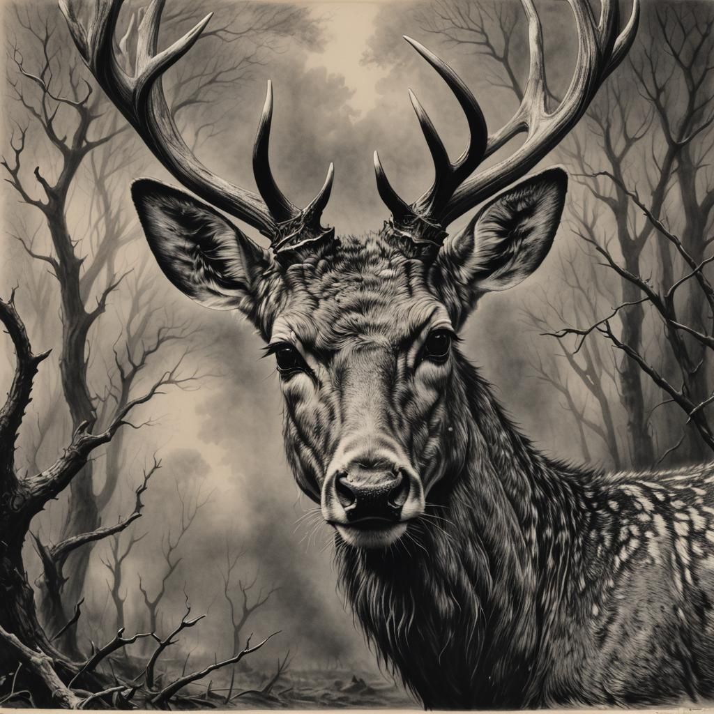 Fallow Deer in Hyperdetailed Charcoal Horror Style