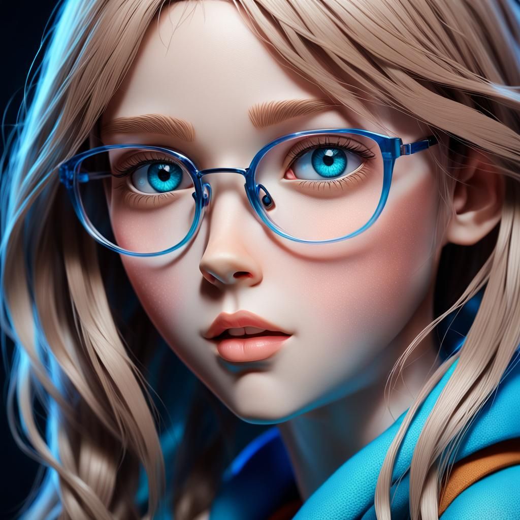 Anime Girl Portrait with Oversized Glasses in 3D