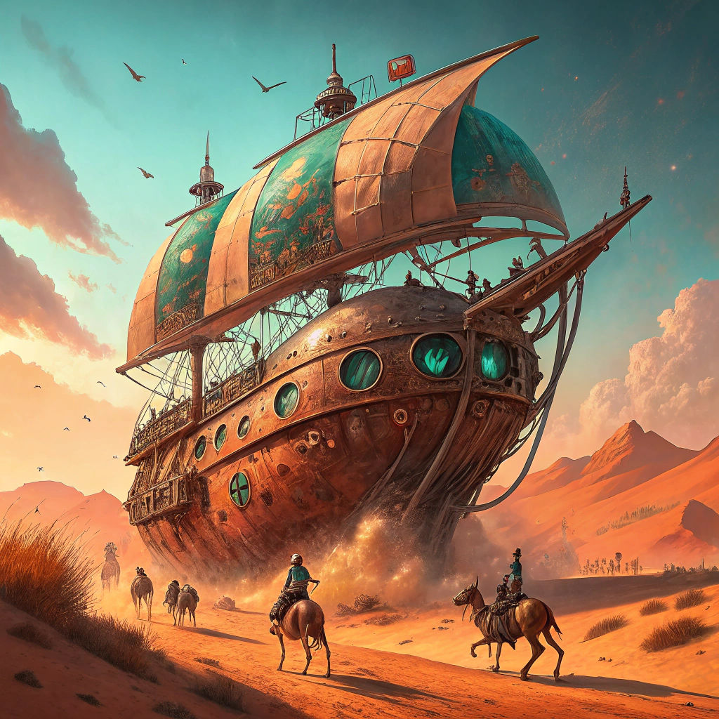Abandoned Steampunk Spaceship in Desert Landscape