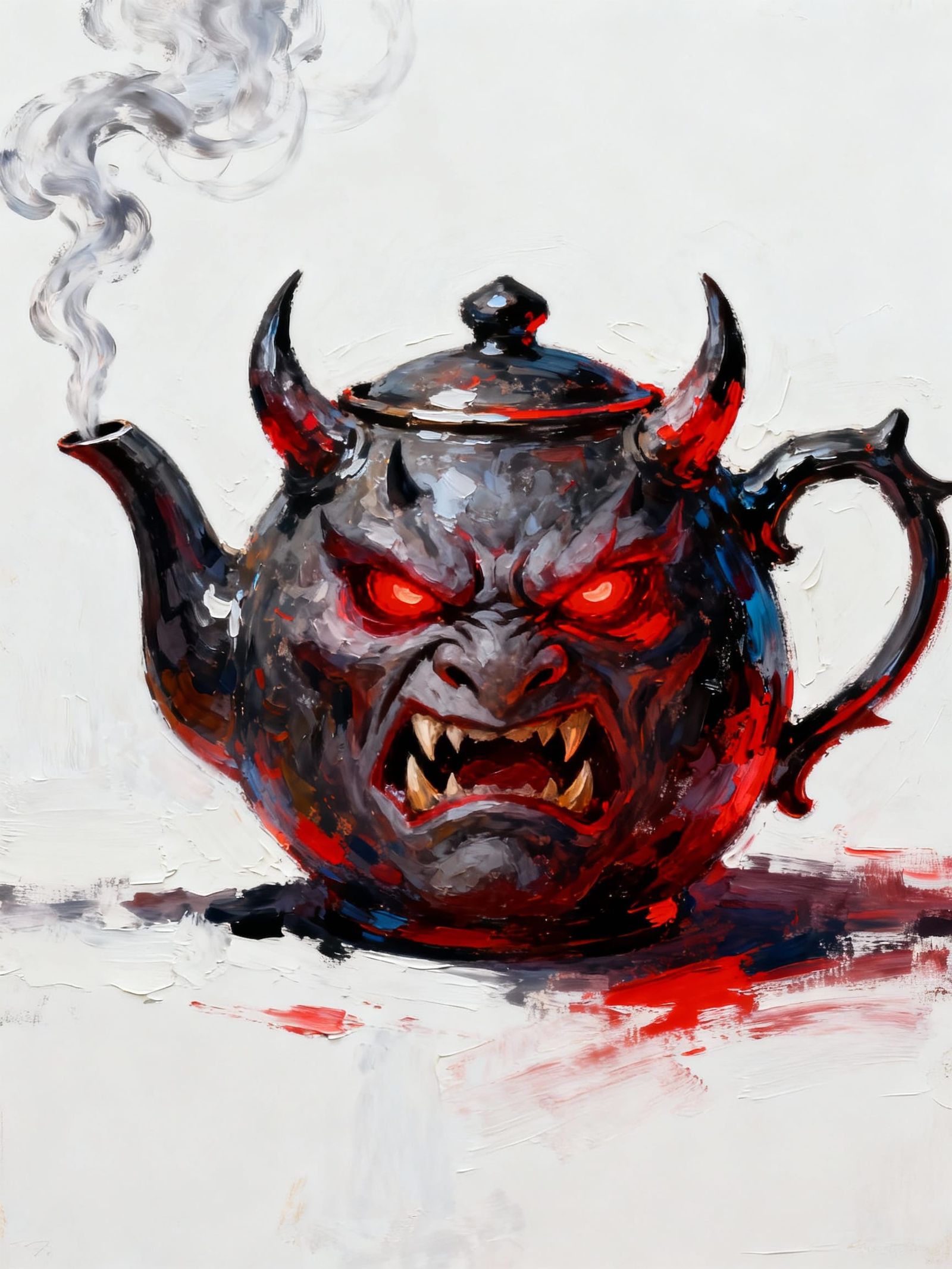 Angry Demon Teapot with Face as Impasto Painting