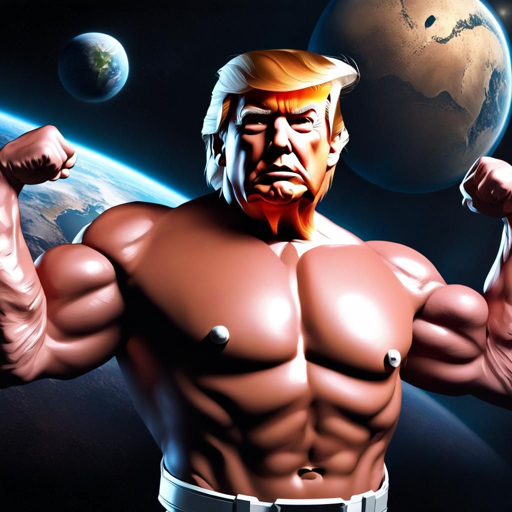Muscular Figure in Space Contemplates Earth's Destruction