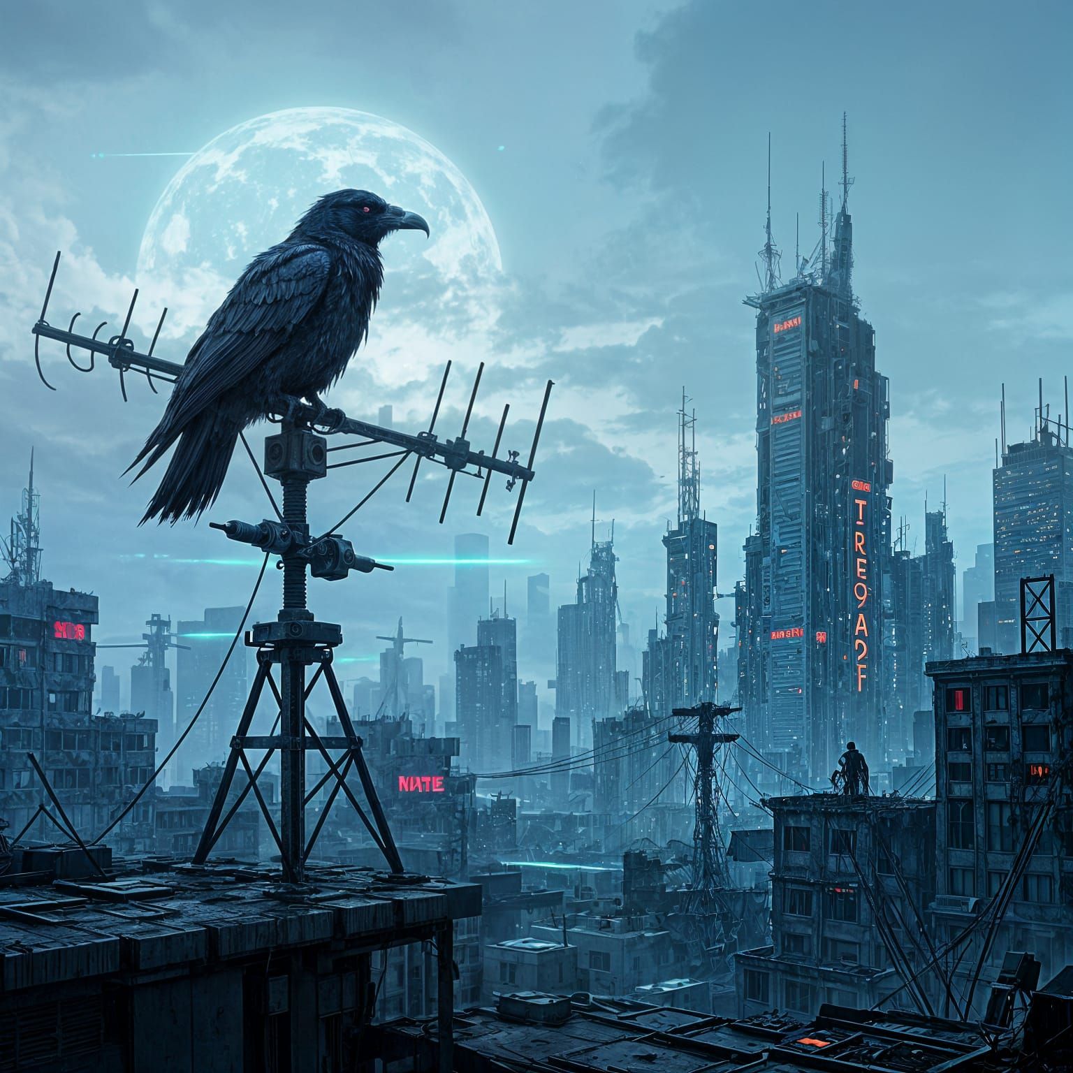 Spectral Raven on Futuristic Antenna in Glitched City