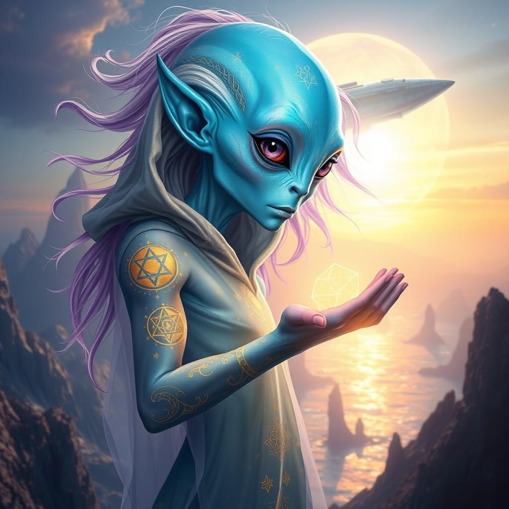 Iridescent Alien with Octahedron in Sci-Fi Landscape