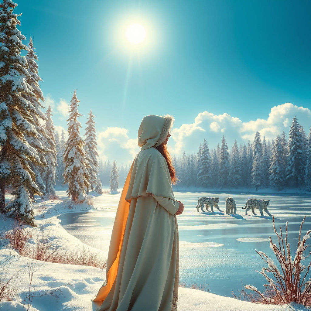 Winter Landscape with Woman and White Tigers