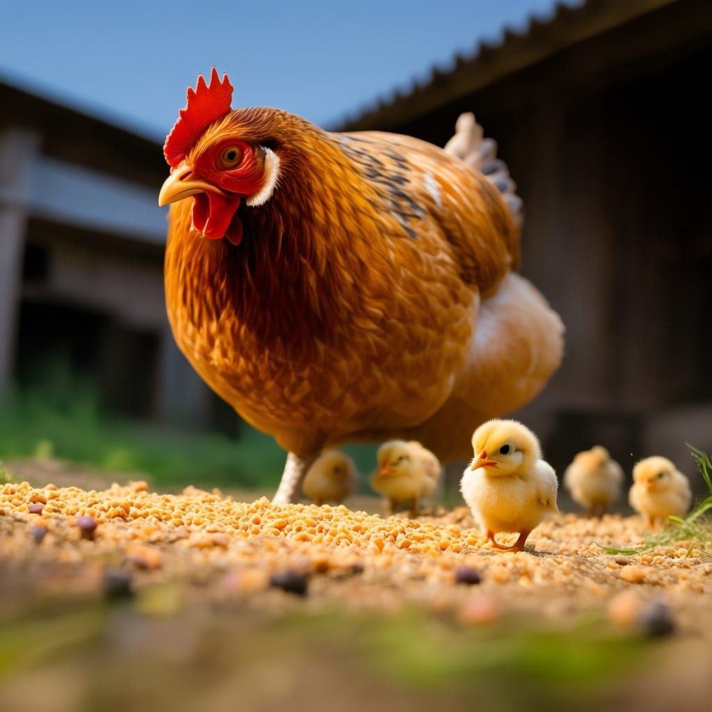 Mother Hen Teaches Chicks to Scratch, Photorealistic