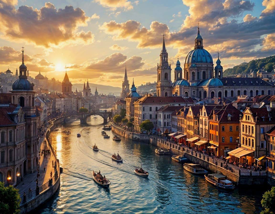 Baroque Town on Sparkling River in Evening Sunshine