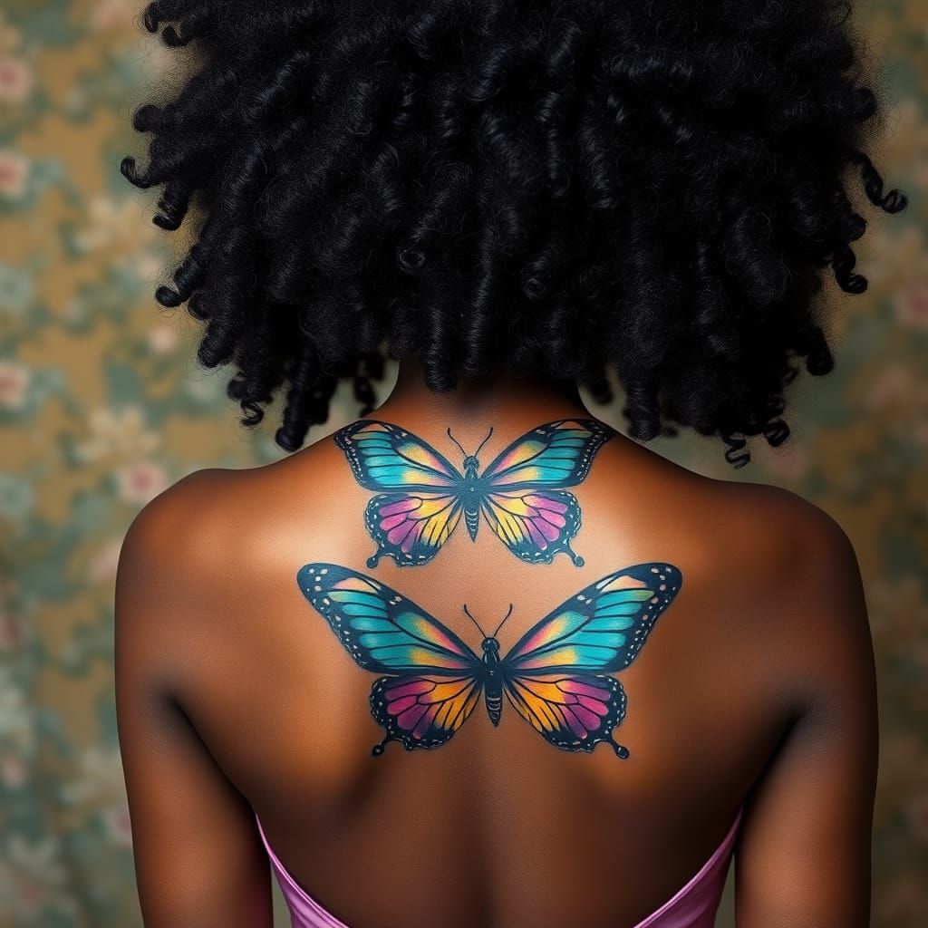 Elegant Black Woman with Vibrant Butterfly Tattoo