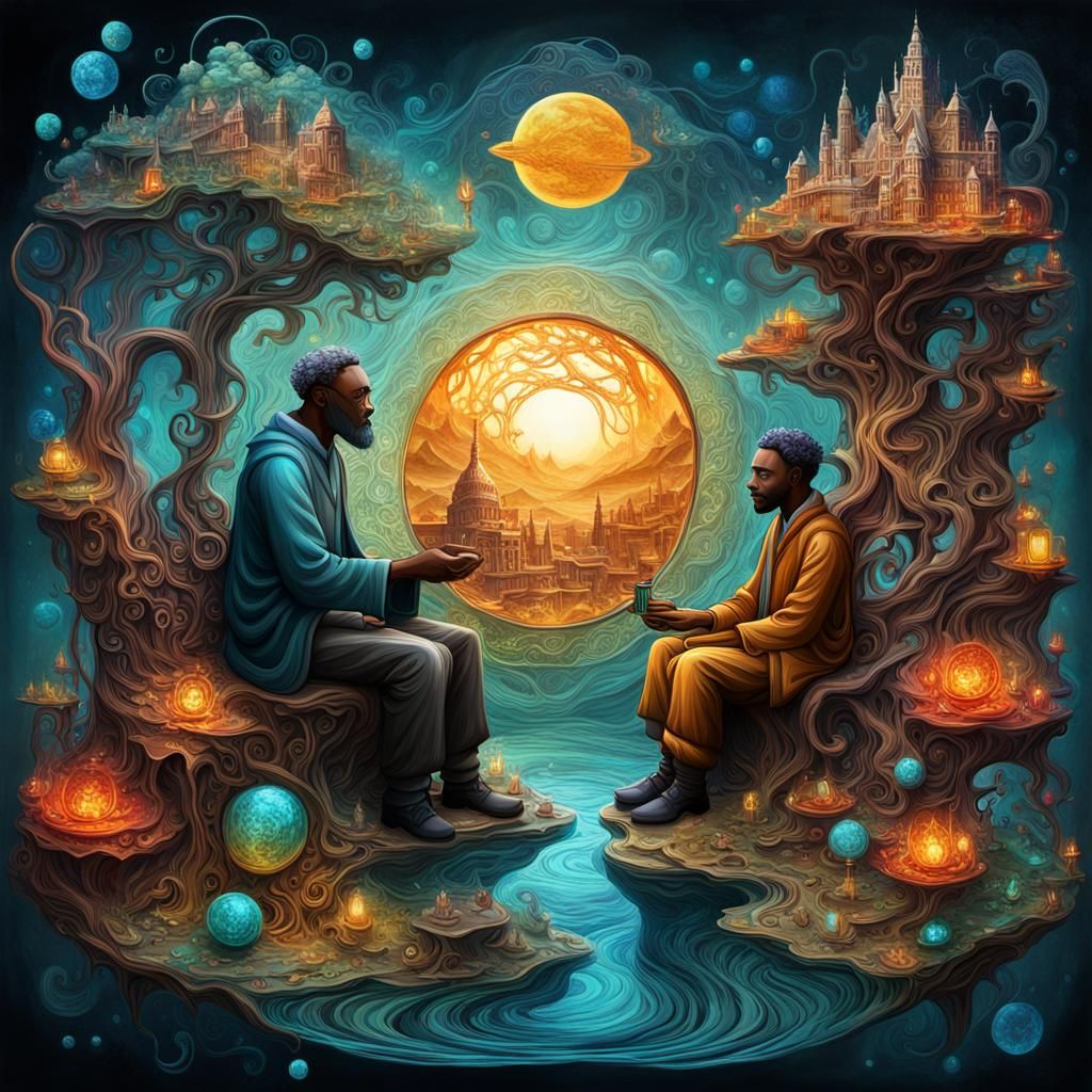 3D digital art piece showcasing a wise mentor mentoring a young apprentice through a series of complex challenges