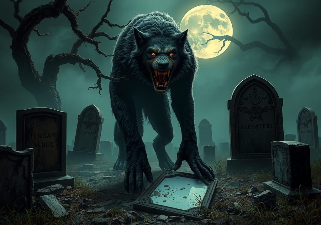 Terrifying Werewolf in Graveyard, Gothic Horror Style