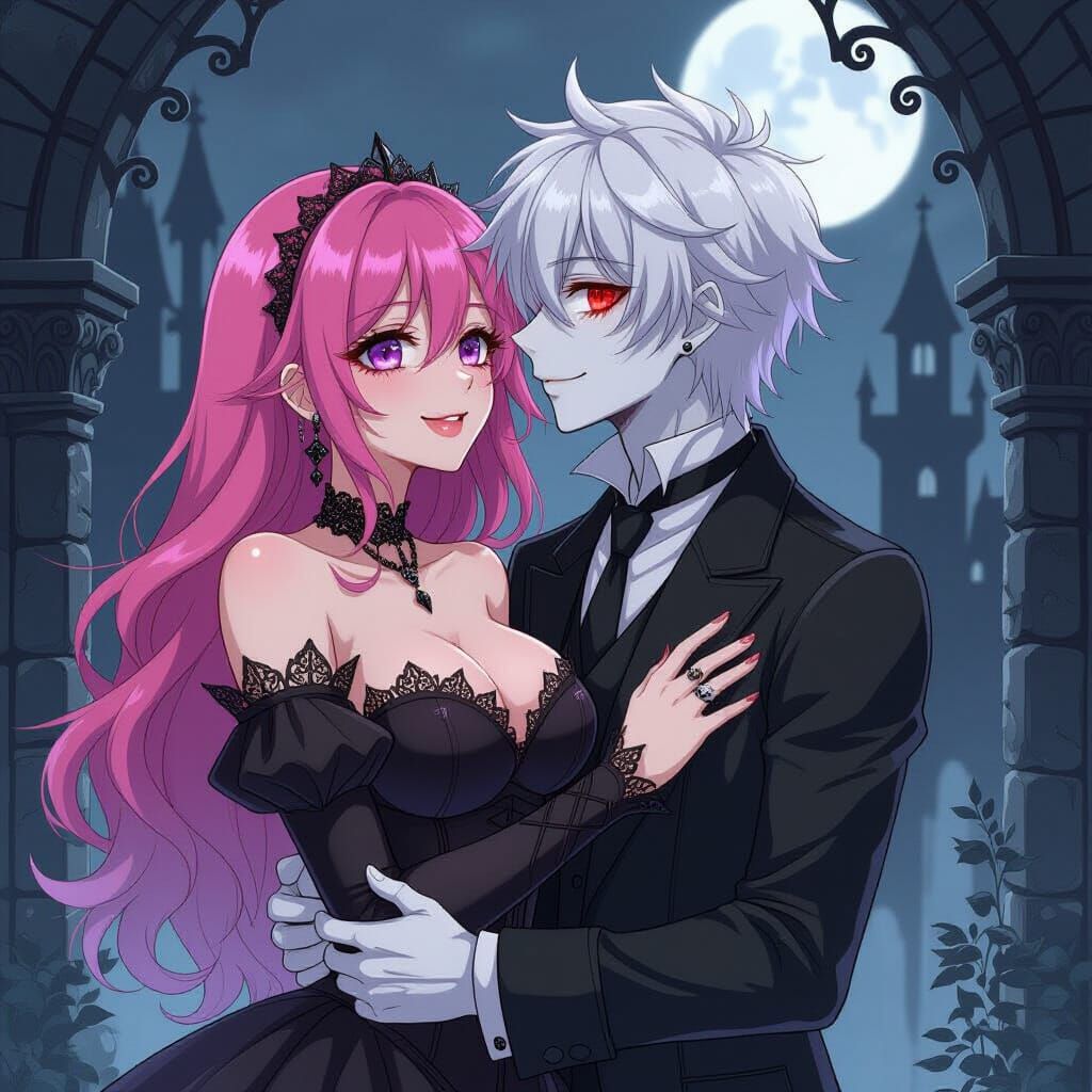 Gothic Romance in Castle: Pink Haired Woman and White Haired...