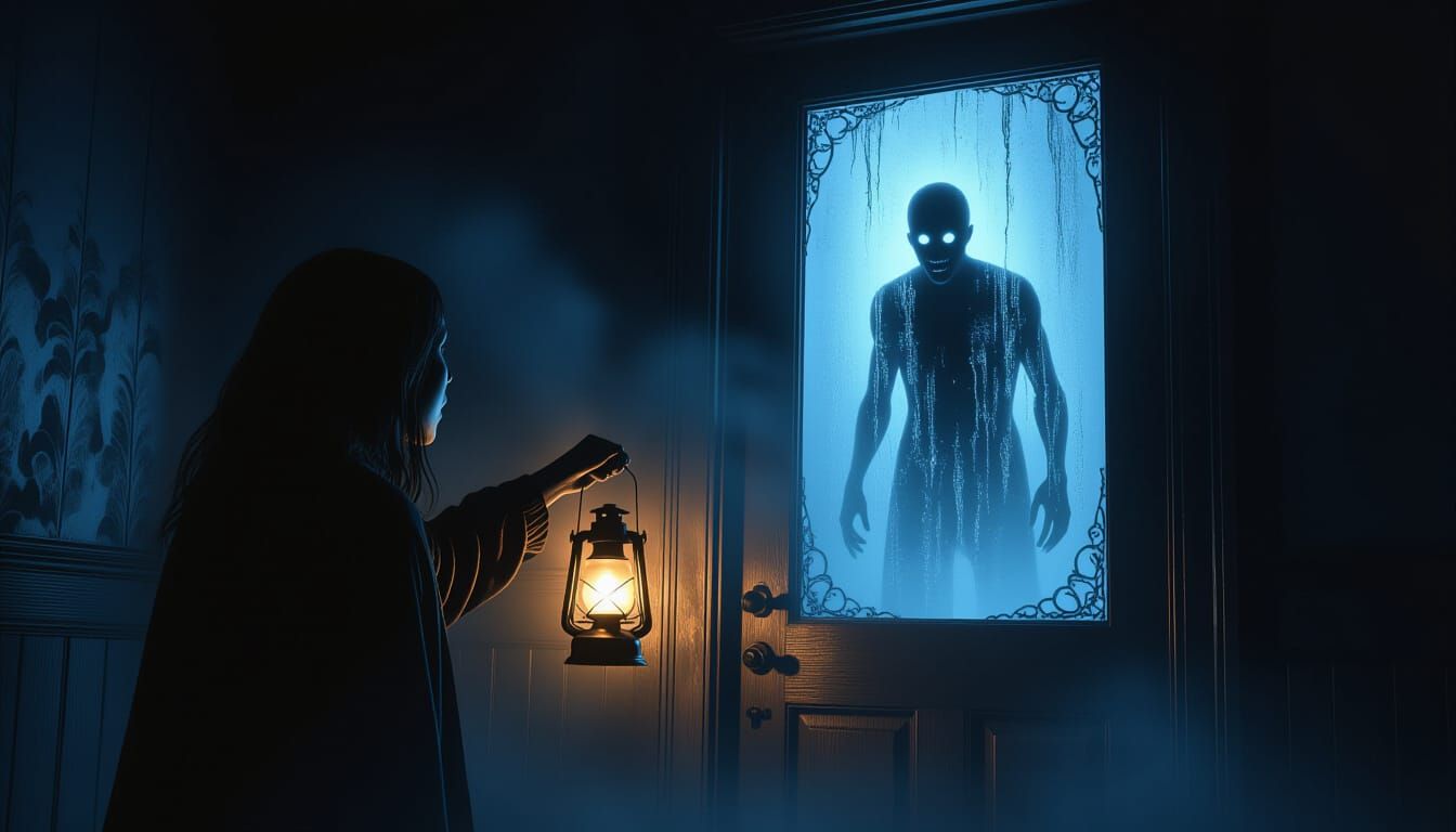 Terrified Figure in Dark House With Looming Shadowy Figure
