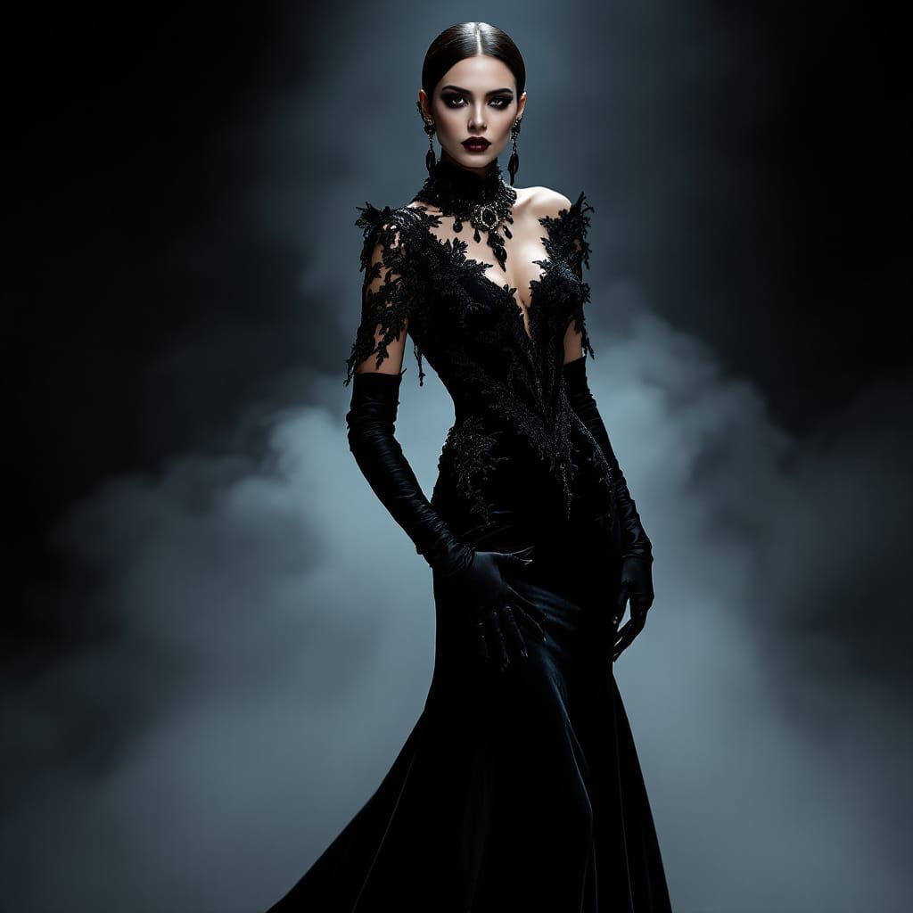 Gothic Haute Couture: Model in Black Velvet Gown