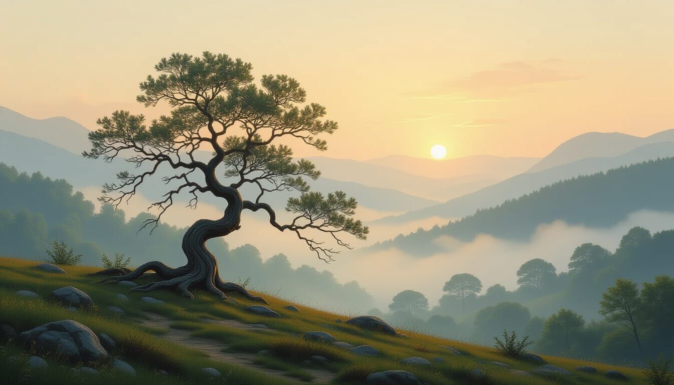 Ancient Tree on Windswept Hill Overlooking Misty Valley