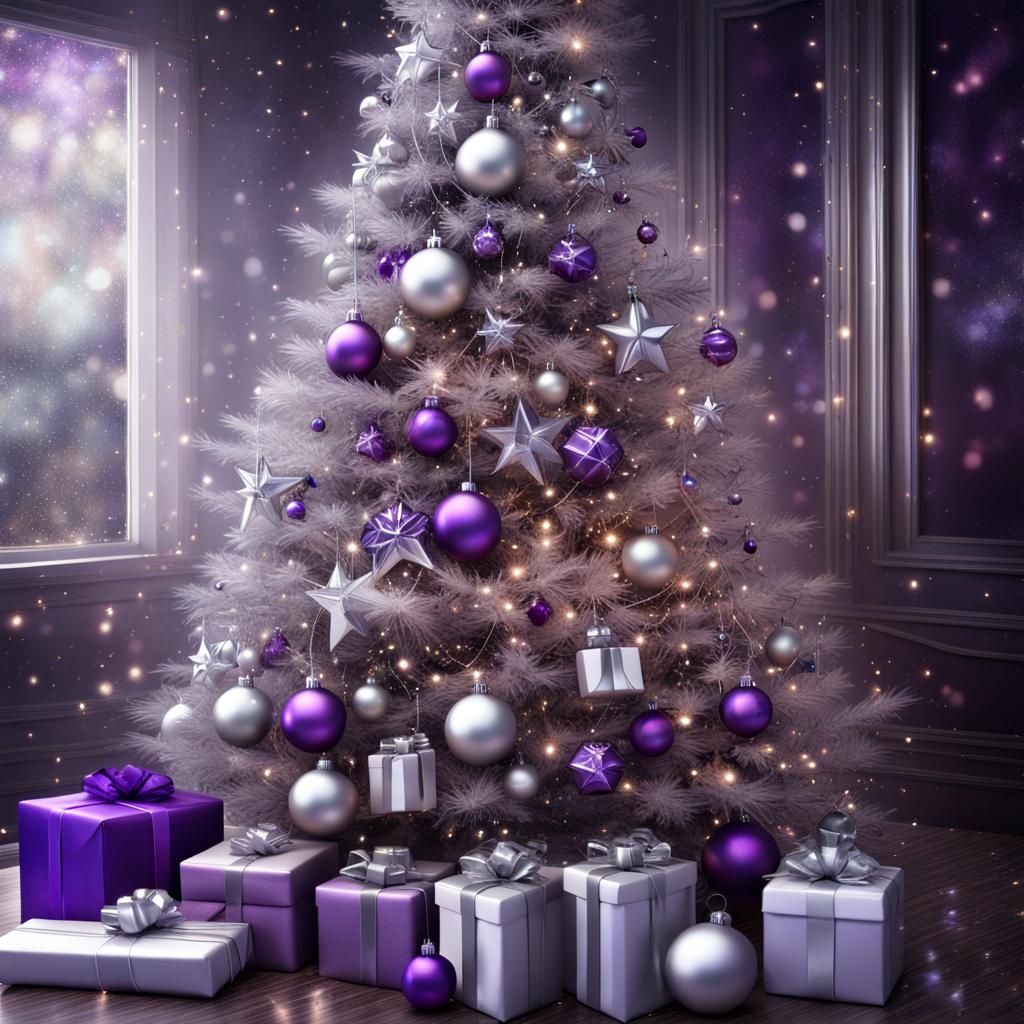Glittering Silver Christmas Tree with Purple Baubles