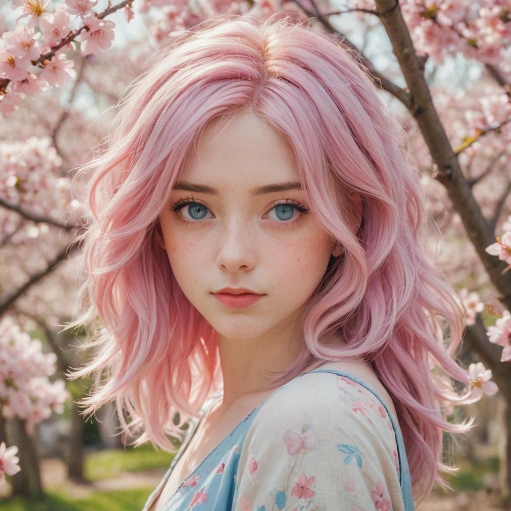Pink-Haired Girl in Cherry Blossom Garden: Ghibli Style