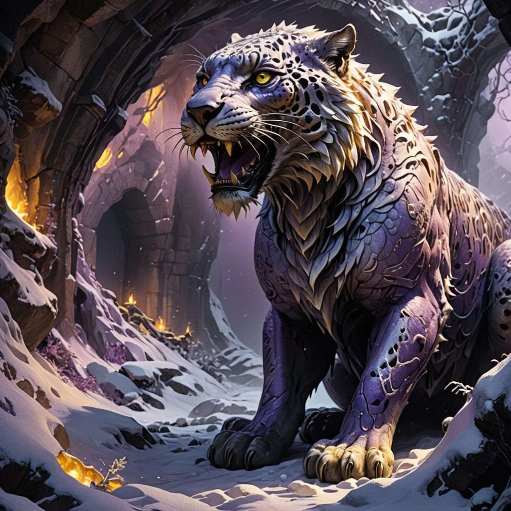 Auradrachen and Snow Leopard Dark Fantasy Cave Art