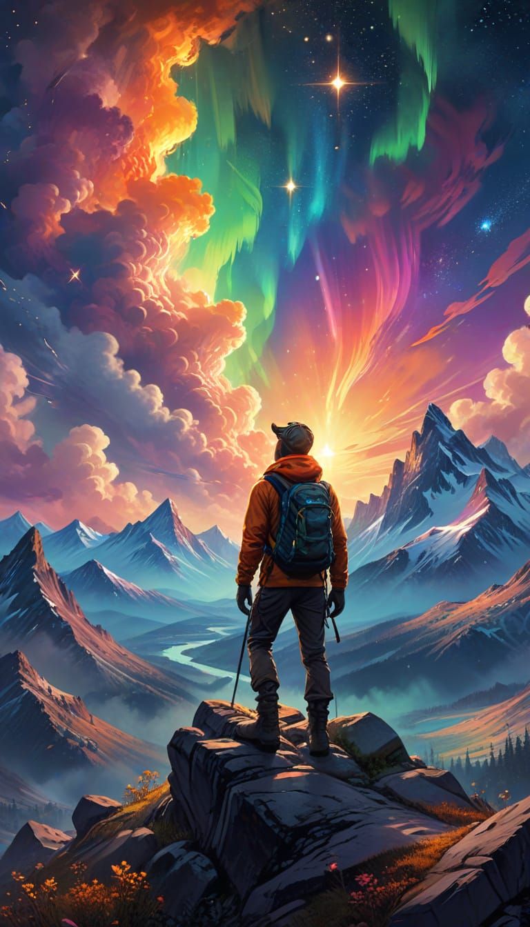 Fantasy Hiker Gazing at Cosmic Northern Lights