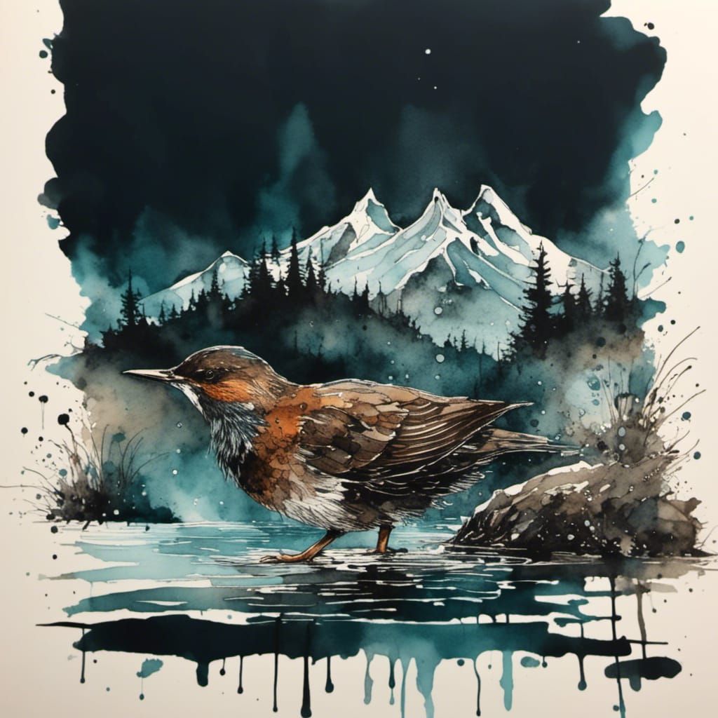 European Dipper Portrait in Inkpunk Style