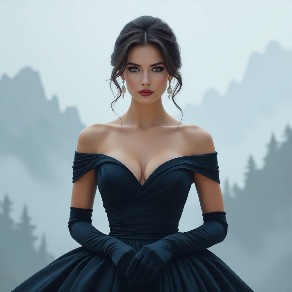 Elegant Woman in Misty Landscape: Digital Painting